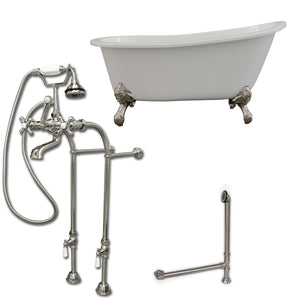 Cambridge Plumbing 61-Inch Cast Iron Slipper Clawfoot Tub (Porcelain enamel interior and white paint exterior) and Freestanding Plumbing Package (Brushed Nickel) ST61-398463-PKG-NH - Vital Hydrotherapy