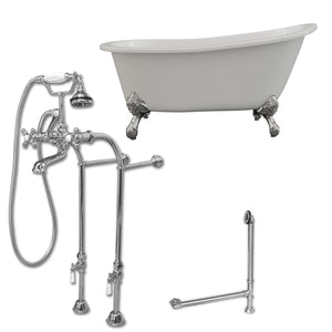Cambridge Plumbing 61-Inch Cast Iron Slipper Clawfoot Tub (Porcelain enamel interior and white paint exterior) and Freestanding Plumbing Package (Polished Chrome) ST61-398463-PKG-NH - Vital Hydrotherapy