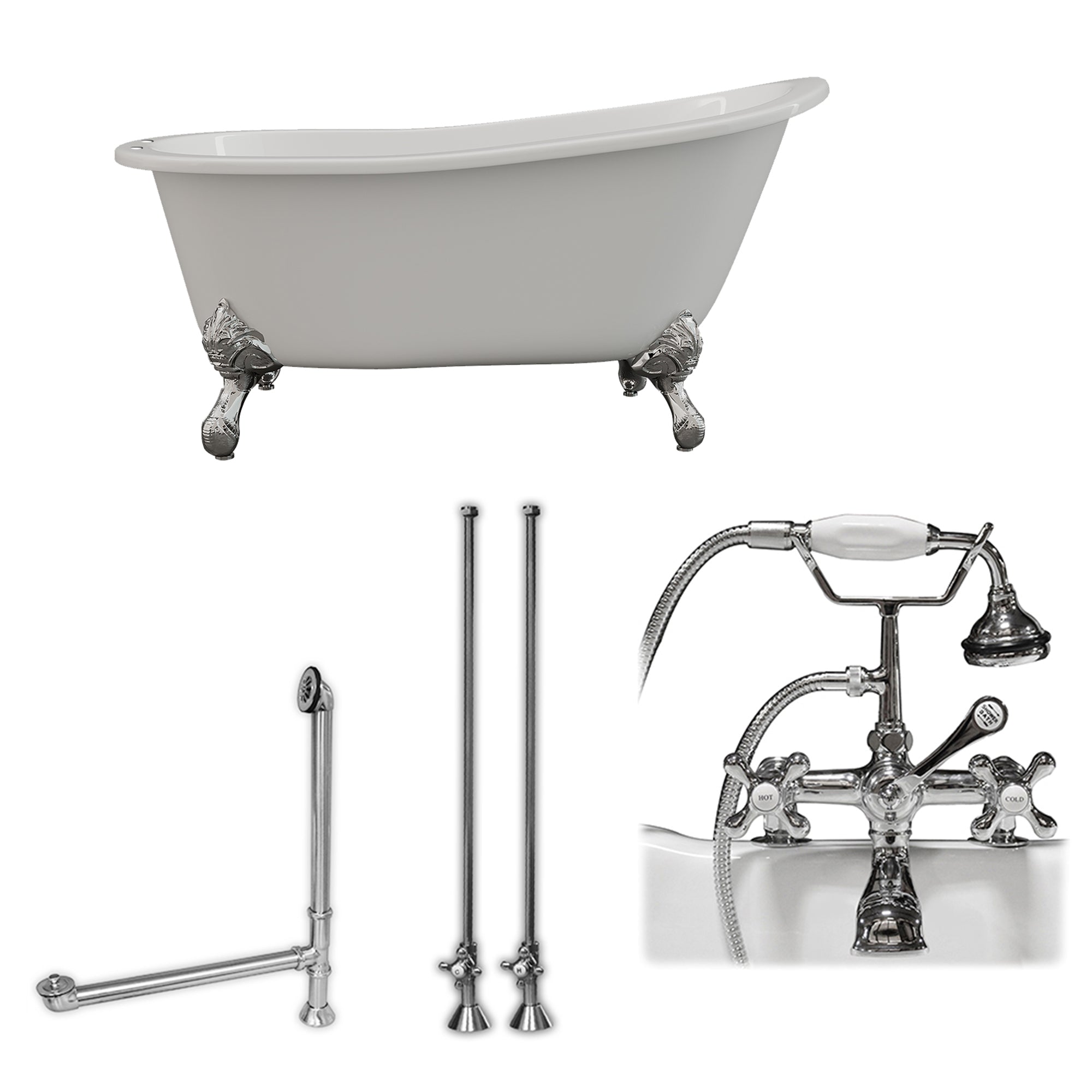 Cambridge Plumbing 61-Inch Cast Iron Slipper Clawfoot Tub (Porcelain enamel interior and white paint exterior) and Deck Mount Plumbing Package (Brushed Nickel) ST61-463D-2-PKG-7DH - Vital Hydrotherapy