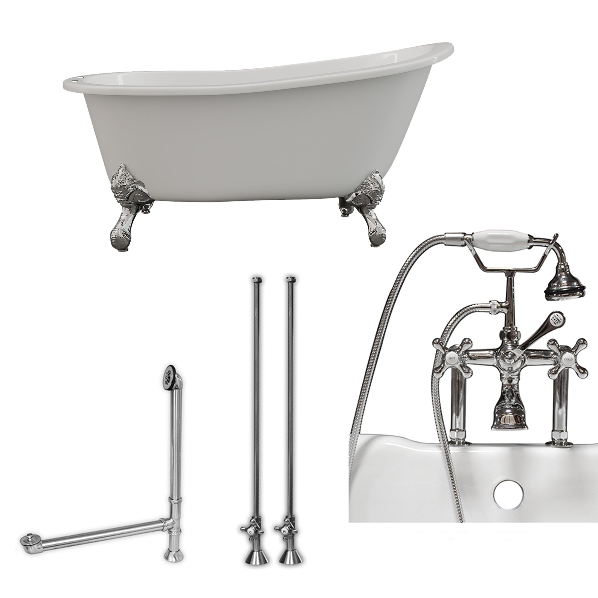 Cambridge Plumbing 61-Inch Cast Iron Slipper Clawfoot Tub (Porcelain enamel interior and white paint exterior) and Deck Mount Plumbing Package (Brushed Nickel) ST61-463D-6-PKG-7DH - Vital Hydrotherapy