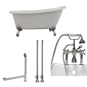 Cambridge Plumbing 61-Inch Cast Iron Slipper Clawfoot Tub (Porcelain enamel interior and white paint exterior) and Deck Mount Plumbing Package (Polished Chrome) ST61-463D-6-PKG-7DH - Vital Hydrotherapy