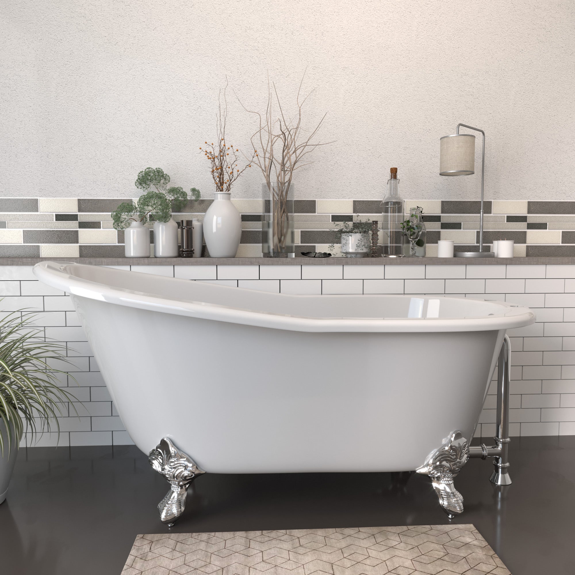 Cambridge Plumbing Cast Iron Slipper Clawfoot Tub (Porcelain enamel interior and white paint exterior) Brushed nickel finish ball and claw feet - 61" X 30" ST61-DH - Vital Hydrotherapy