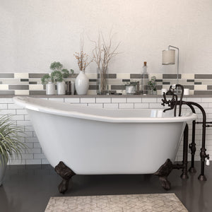 Cambridge Plumbing 61-Inch Cast Iron Slipper Clawfoot Tub (Porcelain enamel interior and white paint exterior) and Freestanding Plumbing Package (Oil Rubbed Bronze) - Lifestyle - ST61-398463-PKG-NH - Vital Hydrotherapy
