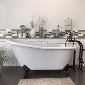 Cambridge Plumbing 61-Inch Cast Iron Slipper Clawfoot Tub (Porcelain enamel interior and white paint exterior) and Freestanding Plumbing Package (Oil Rubbed Bronze) - Lifestyle - ST61-398684-PKG-NH - Vital Hydrotherapy