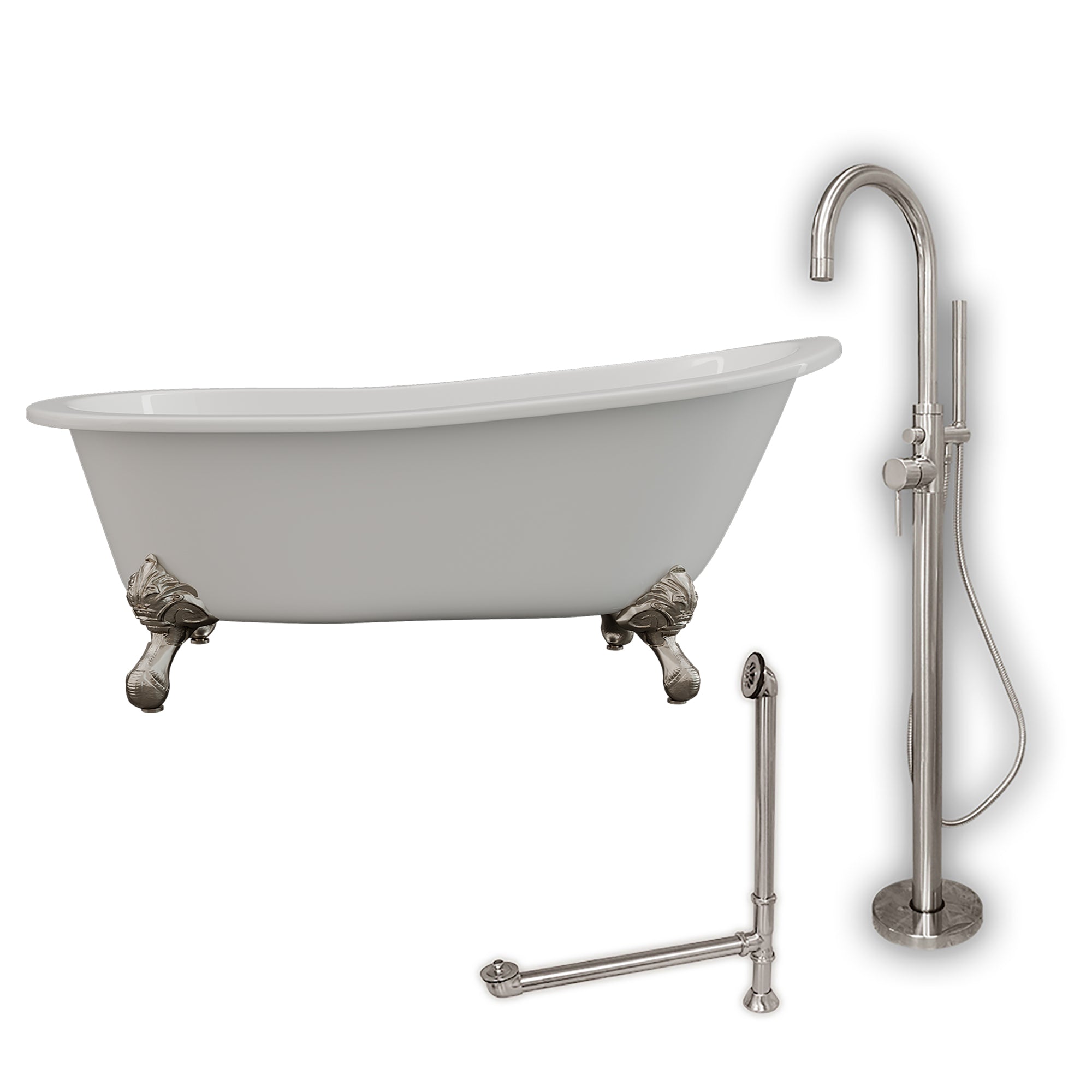 Cambridge Plumbing 67-Inch Slipper Cast Iron Clawfoot Tub (Porcelain enamel interior and white paint exterior) and Freestanding Plumbing Package (Brushed Nickel) ST67-150-PKG-NH - Vital Hydrotherapy