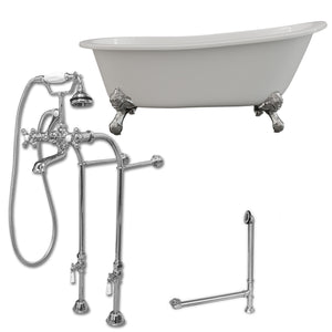 Cambridge Plumbing 67-Inch Slipper Cast Iron Clawfoot Tub (Porcelain enamel interior and white paint exterior) and Freestanding Plumbing Package (Polished Chrome) ST67-398463-PKG-NH - Vital Hydrotherapy