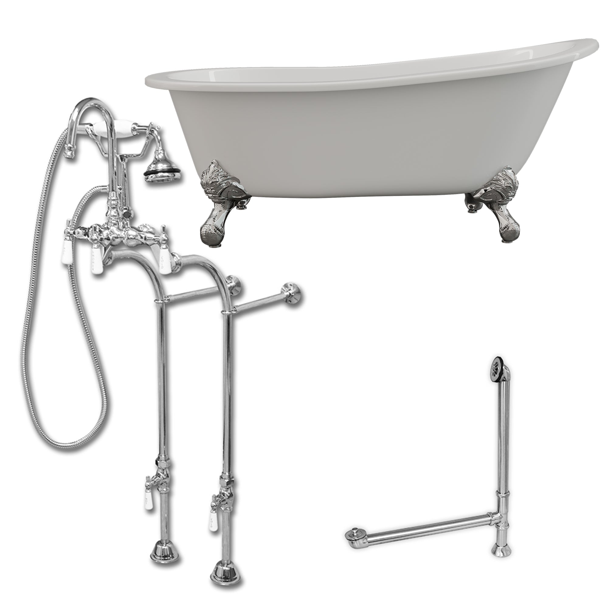 Cambridge Plumbing 67-Inch Slipper Cast Iron Clawfoot Tub (Porcelain enamel interior, white paint exterior) and Freestanding Plumbing Package (Brushed Nickel) ST67-398684-PKG-NH - Vital Hydrotherapy