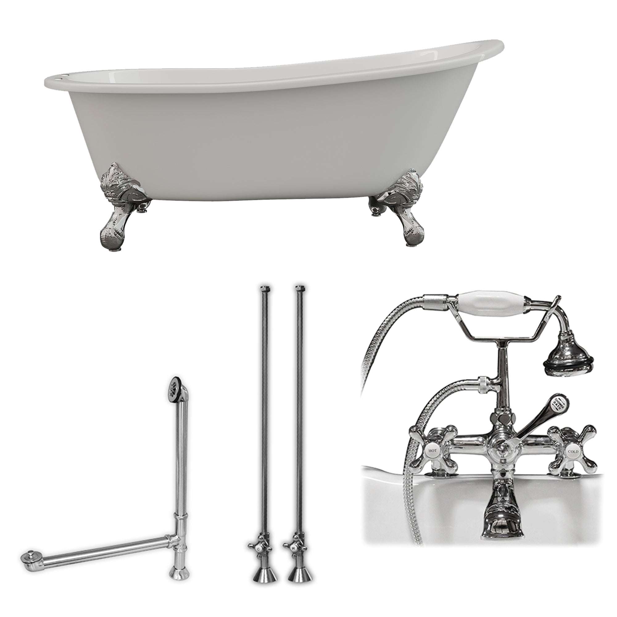 Cambridge Plumbing 67-Inch Slipper Cast Iron Clawfoot Tub (Porcelain enamel interior and white paint exterior) and Deck Mount Plumbing Package (Brushed Nickel) ST67-463D-2-PKG-7DH - Vital Hydrotherapy