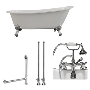 Cambridge Plumbing 67-Inch Slipper Cast Iron Clawfoot Tub (Porcelain enamel interior and white paint exterior) and Deck Mount Plumbing Package (Polished Chrome) ST67-463D-2-PKG-7DH - Vital Hydrotherapy