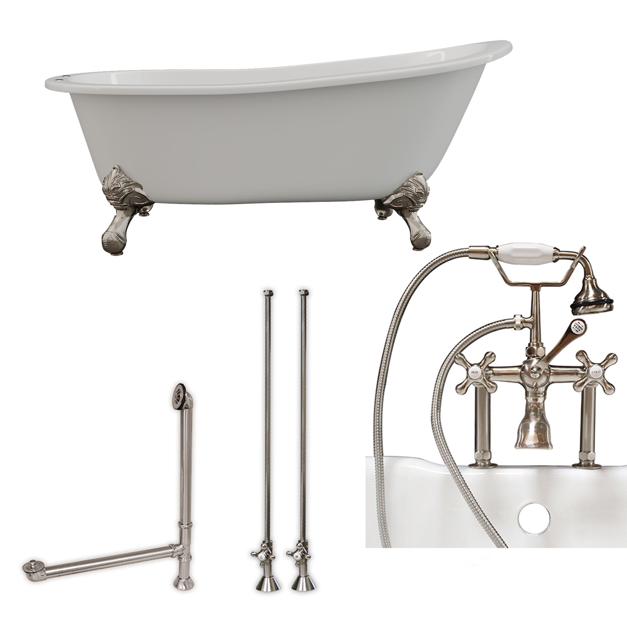Cambridge Plumbing 67-Inch Slipper Cast Iron Clawfoot Tub (Porcelain enamel interior and white paint exterior) and Deck Mount Plumbing Package (Brushed Nickel) ST67-463D-6-PKG-7DH - Vital Hydrotherapy