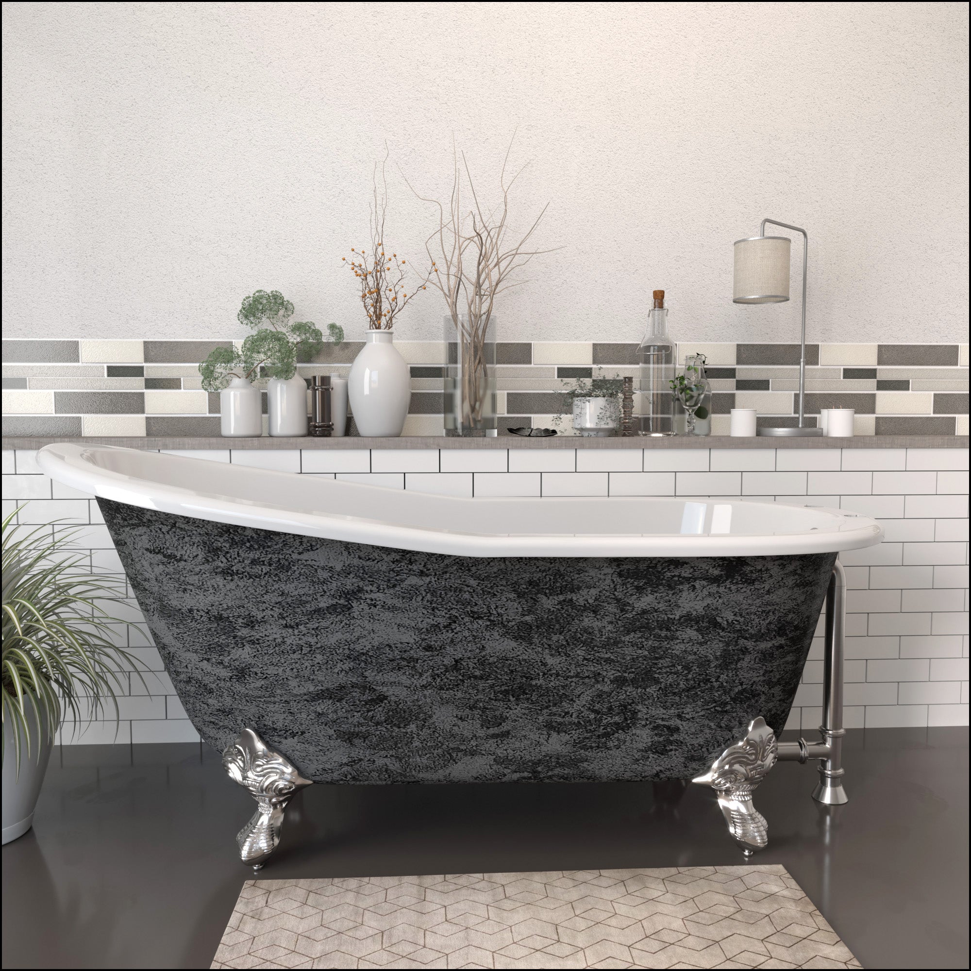 Cambridge Plumbing 67” x 30” Slipper Scorched Platinum Cast Iron Bathtub (Hand Painted Faux Scorched Platinum Exterior) with” 7” Deck Mount Faucet Holes and Claw Feet (Brushed Nickel) ST67-DH-SP - Vital Hydrotherapy