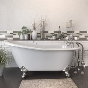 Cambridge Plumbing 67-Inch Slipper Cast Iron Clawfoot Tub (Porcelain enamel interior and white paint exterior) and Freestanding Plumbing Package (Brushed nickel) - Lifestyle - ST67-398463-PKG-NH - Vital Hydrotherapy