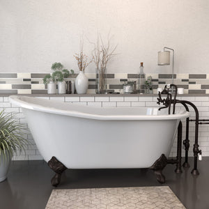 Cambridge Plumbing 67-Inch Slipper Cast Iron Clawfoot Tub (Porcelain enamel interior and white paint exterior) and Freestanding Plumbing Package (Oil Rubbed Bronze) - Lifestyle - ST67-398463-PKG-NH - Vital Hydrotherapy