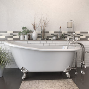 Cambridge Plumbing 67-Inch Slipper Cast Iron Clawfoot Tub (Porcelain enamel interior, white paint exterior) and Freestanding Plumbing Package (Brushed Nickel) - Lifestyle - ST67-398684-PKG-NH - Vital Hydrotherapy