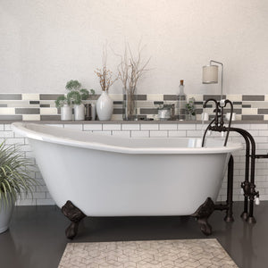 Cambridge Plumbing 67-Inch Slipper Cast Iron Clawfoot Tub (Porcelain enamel interior, white paint exterior) and Freestanding Plumbing Package (Oil Rubbed Bronze) - Lifestyle - ST67-398684-PKG-NH - Vital Hydrotherapy