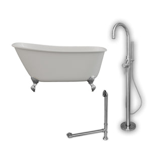 Cambridge Plumbing 54-Inch Swedish Slipper Cast Iron Clawfoot Tub (Porcelain enamel interior and white paint exterior) with Freestanding Plumbing Package Polished Chrome SWED54-150-PKG-NH - Vital Hydrotherapy