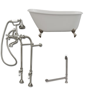 Cambridge Plumbing 54-Inch Swedish Slipper Clawfoot Tub (Porcelain enamel interior and white paint exterior) with Freestanding Plumbing Package (Brushed Nickel) SWED54-398463-PKG-NH - Vital Hydrotherapy