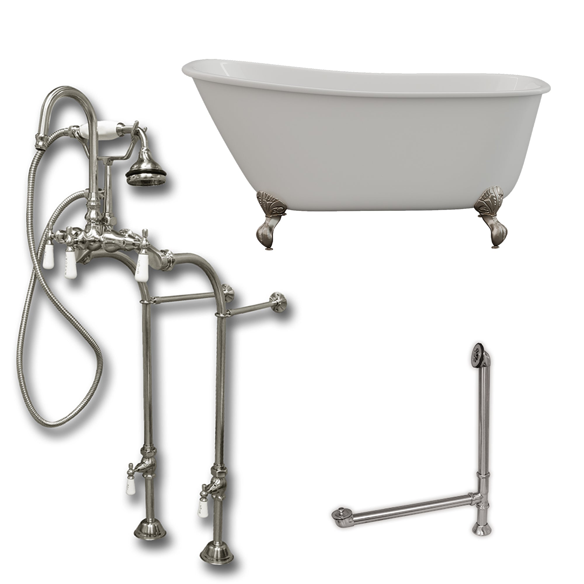 Cambridge Plumbing 54-Inch Swedish Slipper Cast Iron Clawfoot Tub (Porcelain enamel interior and white paint exterior) with Freestanding Plumbing Package (Brushed Nickel) SWED54-398684-PKG-NH - Vital Hydrotherapy