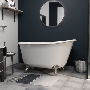 Cambridge Plumbing 54" X 30" Slipper Cast Iron Swedish Tub (Porcelain enamel interior and white paint exterior) with Brushed nickel Feet and No Faucet Drillings SWED54-NH - Vital Hydrotherapy