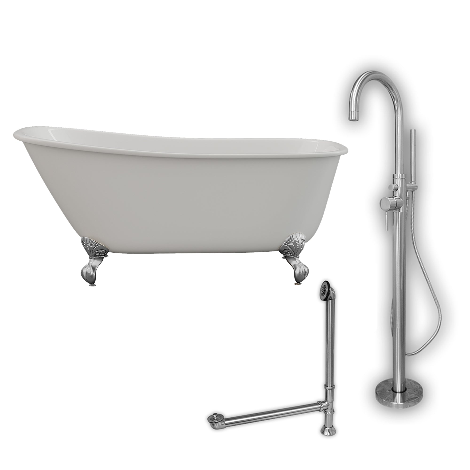 Cambridge Plumbing 58-Inch Swedish Slipper Cast Iron Clawfoot Tub (Porcelain enamel interior and white paint exterior) with Freestanding Plumbing Package (Brushed Nickel) SWED58-150-PKG-NH - Vital Hydrotherapy