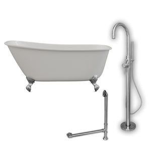 Cambridge Plumbing 58-Inch Swedish Slipper Cast Iron Clawfoot Tub (Porcelain enamel interior and white paint exterior) with Freestanding Plumbing Package (Polished Chrome) SWED58-150-PKG-NH - Vital Hydrotherapy