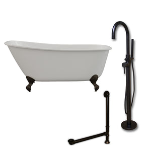 Cambridge Plumbing 58-Inch Swedish Slipper Cast Iron Clawfoot Tub (Porcelain enamel interior and white paint exterior) with Freestanding Plumbing Package (Oil Rubbed Bronze) SWED58-150-PKG-NH - Vital Hydrotherapy