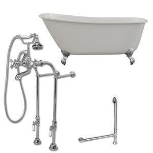 Cambridge Plumbing 58-Inch Swedish Slipper Cast Iron Clawfoot Tub (Porcelain enamel interior and white paint exterior) with Free Standing Plumbing Package (Polished Chrome) SWED58-398463-PKG-NH - Vital Hydrotherapy