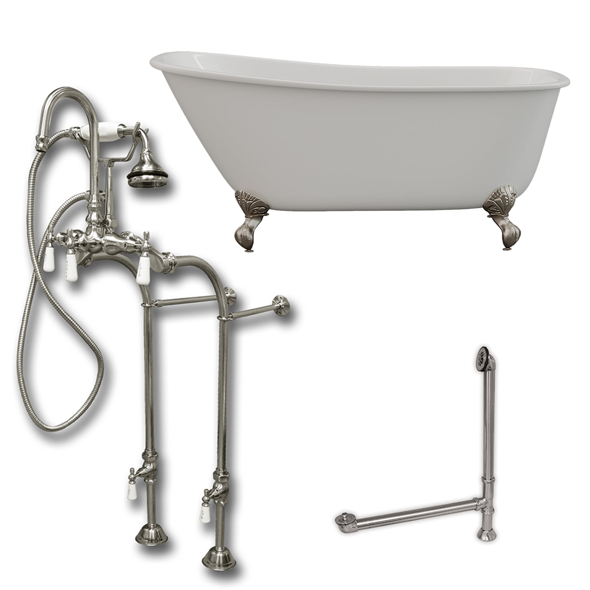 Cambridge Plumbing 58-Inch Swedish Slipper Cast Iron Clawfoot Tub (Luxurious Porcelain Enamel Interior) with Freestanding Plumbing Package - Brushed Nickel Ball and Claw Feet - SWED58-398684-PKG-NH - Vital Hydrotherapy