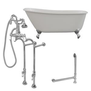 Cambridge Plumbing 58-Inch Swedish Slipper Cast Iron Clawfoot Tub (Luxurious Porcelain Enamel Interior) with Freestanding Plumbing Package - Polished Chrome Ball and Claw Feet - SWED58-398684-PKG-NH - Vital Hydrotherapy