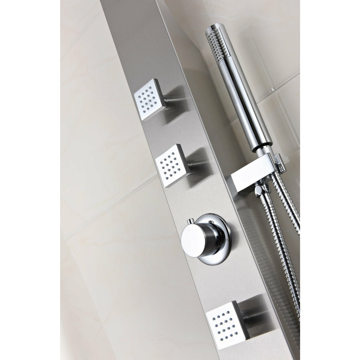 Anzzi Sans 40 Inch Full Body Shower Panel with Shower Control Knob, Three Acu-stream Vector Massage Body Jets and Euro-grip Hand Sprayer in Brushed Steel SP-AZ077 - Vital Hydrotherapy