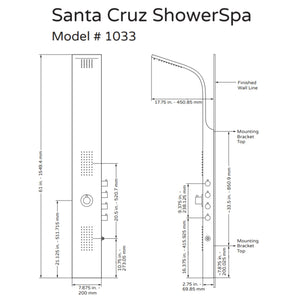 PULSE ShowerSpas Brushed Bronze Stainless Steel Shower Panel - Santa Cruz ShowerSpa 1033 Specification Drawing - Vital Hydrotherapy
