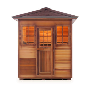 Infrared and Dry Traditional Hybrid Sapphire 4 Person Outdoor Canadian Red Cedar Wood Outside And Inside Double Roof ( Flat Roof + peak roofed front view