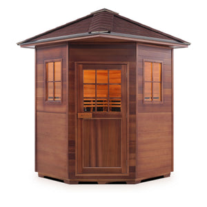 Infrared and Dry Traditional Hybrid Sapphire 4 Person Corner Canadian Red Cedar Wood Outside And Inside Double Roof ( Flat Roof + peak roofed front view