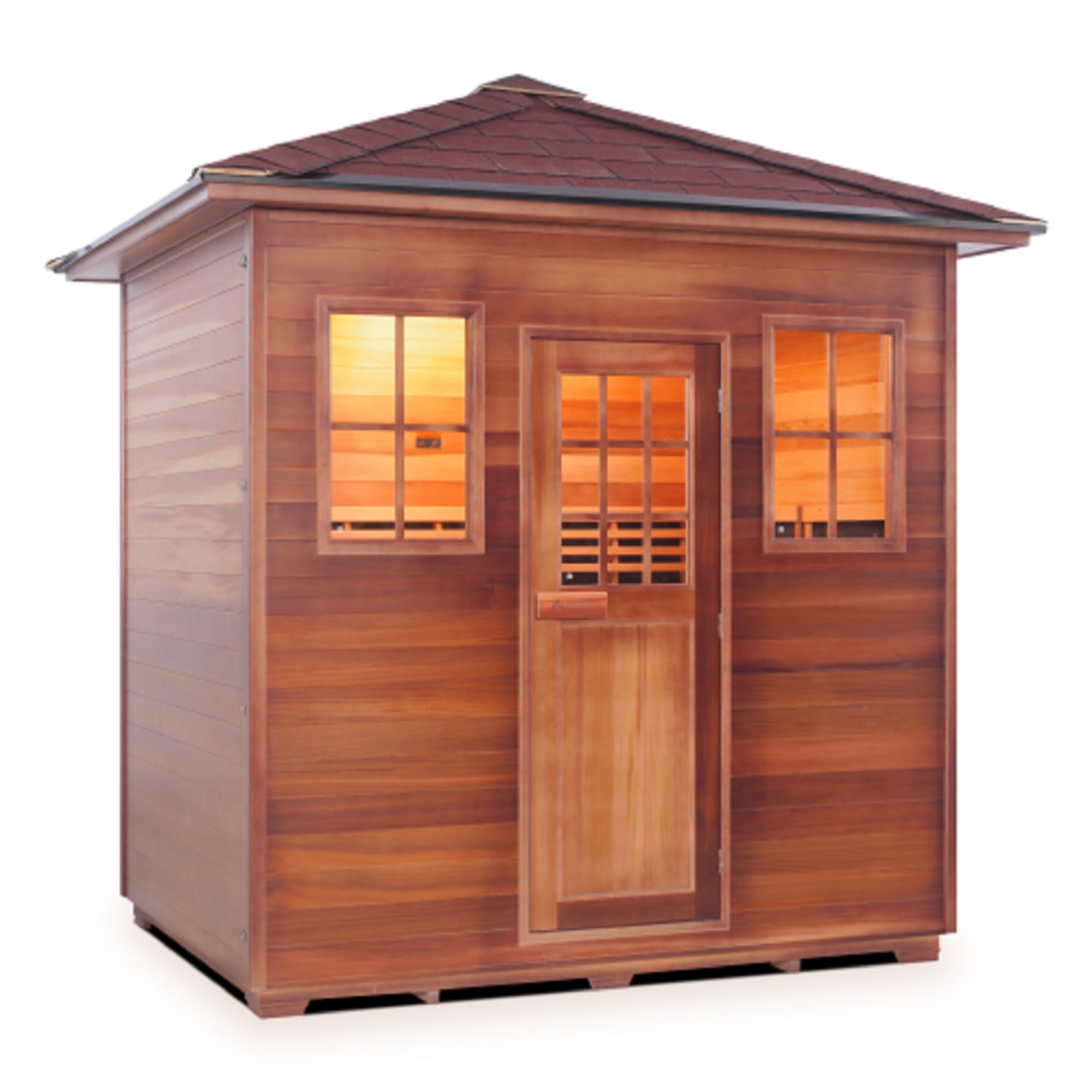 Infrared and Dry Traditional Hybrid Sapphire 5 Person Outdoor Canadian Red Cedar Wood Outside And Inside Double Roof ( Flat Roof + peak roofed front view