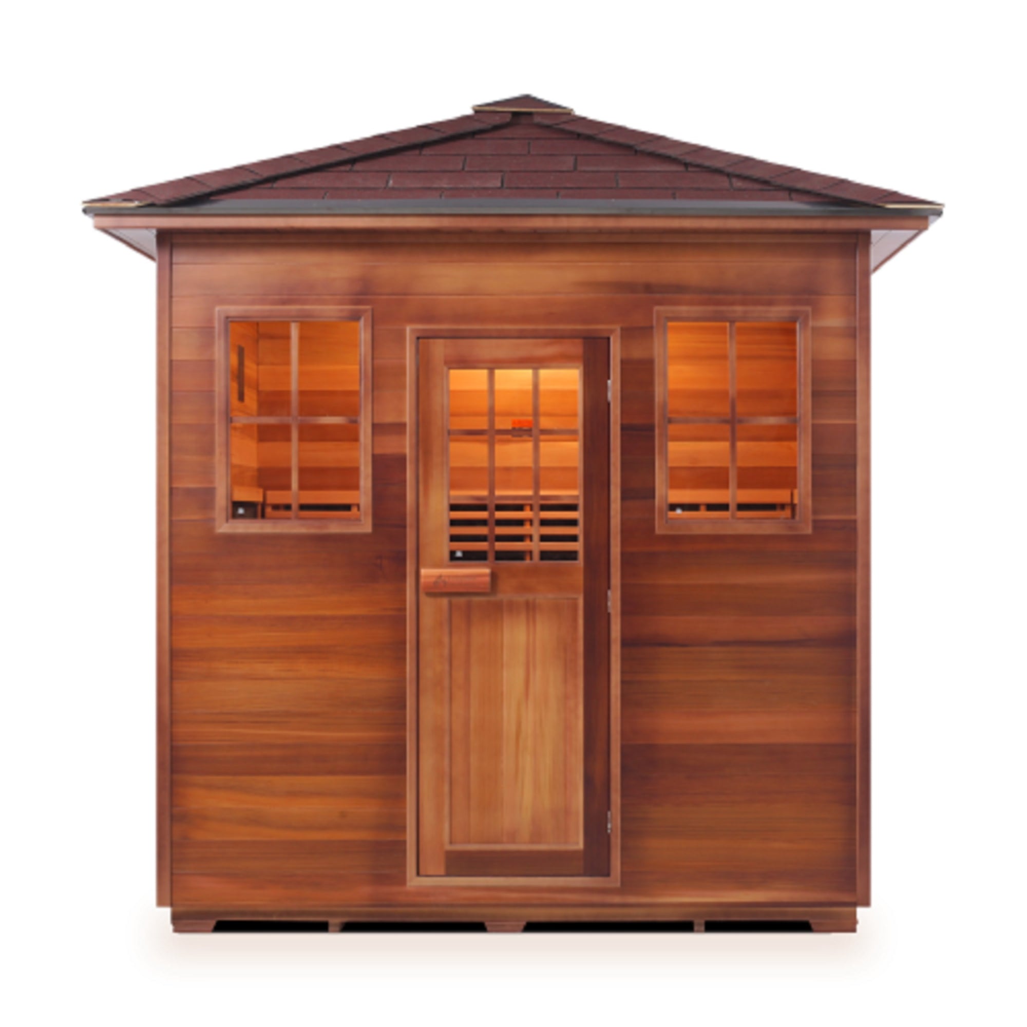 Infrared and Dry Traditional Hybrid Sapphire 5 Person Outdoor Canadian Red Cedar Wood Outside And Inside Double Roof ( Flat Roof + peak roofed front view