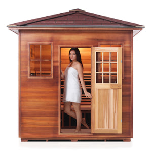 Infrared and Dry Traditional Hybrid Sapphire 5 Person Outdoor Canadian Red Cedar Wood Outside And Inside Double Roof ( Flat Roof + peak roofed with young woman model front view