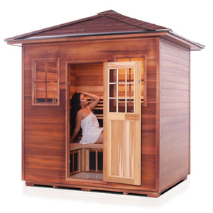 Infrared and Dry Traditional Hybrid Sapphire 5 Person Outdoor Canadian Red Cedar Wood Outside And Inside Double Roof ( Flat Roof + peak roofed with young woman model isometric view