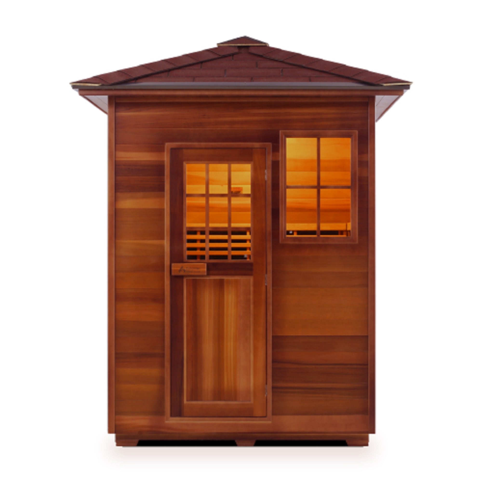 Infrared and Dry Traditional Hybrid Sapphire 3 Person Outdoor sauna Canadian Red Cedar Wood Outside And Inside Double Roof ( Flat Roof + peak roofed front view