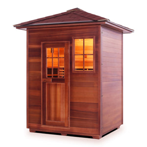 Infrared and Dry Traditional Hybrid Sapphire 3 Person Outdoor sauna Canadian Red Cedar Wood Outside And Inside Double Roof ( Flat Roof + peak roofed isometric view