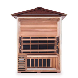 Infrared and Dry Traditional Hybrid Sapphire 3 Person Outdoor sauna Canadian Red Cedar Wood Double Roof ( Flat Roof + peak roofed inside partial build view
