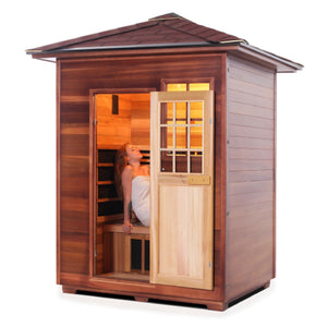 Infrared and Dry Traditional Hybrid Sapphire 3 Person Outdoor sauna Canadian Red Cedar Wood Outside And Inside Double Roof ( Flat Roof + peak roofed with young woman model isometric view
