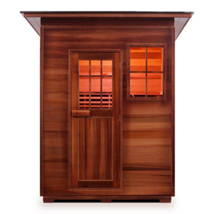 Infrared and Dry Traditional Hybrid Sapphire 3 Person Outdoor sauna Canadian Red Cedar Wood Outside And Inside Double Roof ( Flat Roof + slope roofed front view