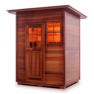Infrared and Dry Traditional Hybrid Sapphire 3 Person Outdoor sauna Canadian Red Cedar Wood Outside And Inside Double Roof ( Flat Roof + slope roofed isometric view