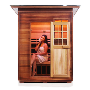 Infrared and Dry Traditional Hybrid Sapphire 3 Person Outdoor sauna Canadian Red Cedar Wood Outside And Inside Double Roof ( Flat Roof + slope roofed with young woman model isometric view