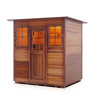 Enlighten Sauna Infrared/Traditional indoor Roofed four person sauna Canadian Red Cedar Wood Outside And Inside isometric view