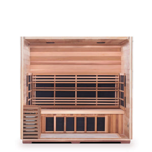 Enlighten Sauna Infrared/Traditional indoor Roofed four person sauna Canadian Red Cedar Wood inside partial build view