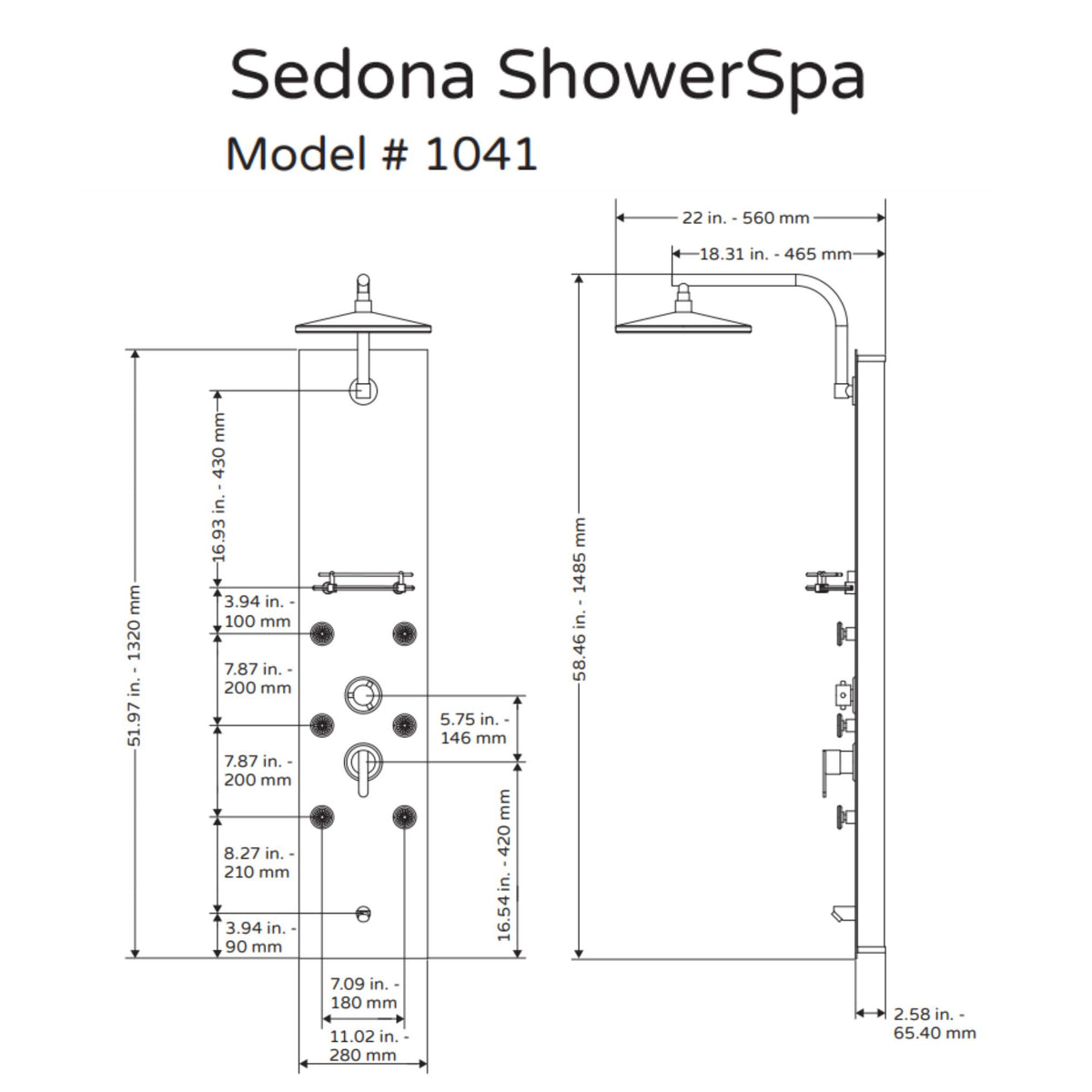 PULSE ShowerSpas Hammered Copper ORB Shower Panel - Sedona ShowerSpa 1041 Specification Drawing - Vital Hydrotherapy