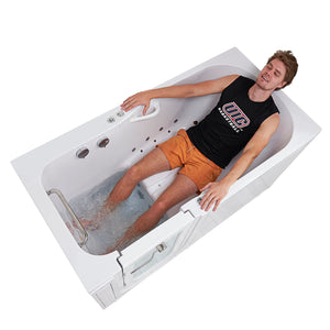 A man relaxing in a Ella Shak 36"x72" Acrylic Air and Hydro Massage w/ Independent Foot Massage Walk-In Bathtub, Swing Door Left, 2" Dual Drain in a white background
