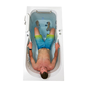 A man relaxing in a Ella Shak 36"x72" Acrylic Air and Hydro Massage w/ Independent Foot Massage Walk-In Bathtub, Swing Door Left, 2" Dual Drain in a white background