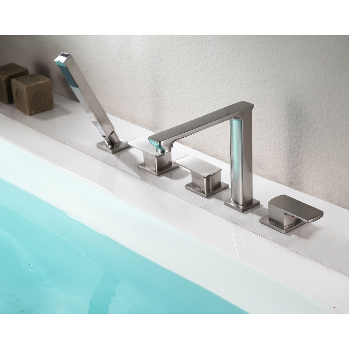 Anzzi Shore 3-Handle Deck-Mount Roman Tub Faucet with Handheld Sprayer - Brushed Nickel Finish - Roman Tub Faucet Handle - Extendable Handheld Sprayer - FR-AZ102 - Lifestyle - Vital Hydrotherapy